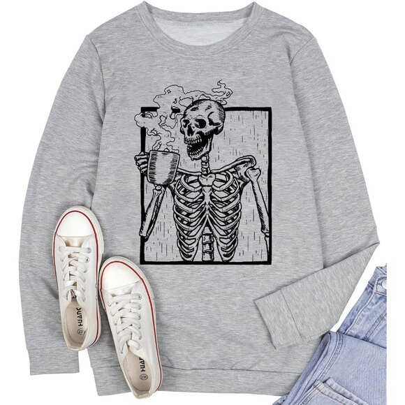 Women's Halloween Skeleton Sweatshirt Cotton Blend Funny Coffee Graphic Pullover - Picture 4 of 5